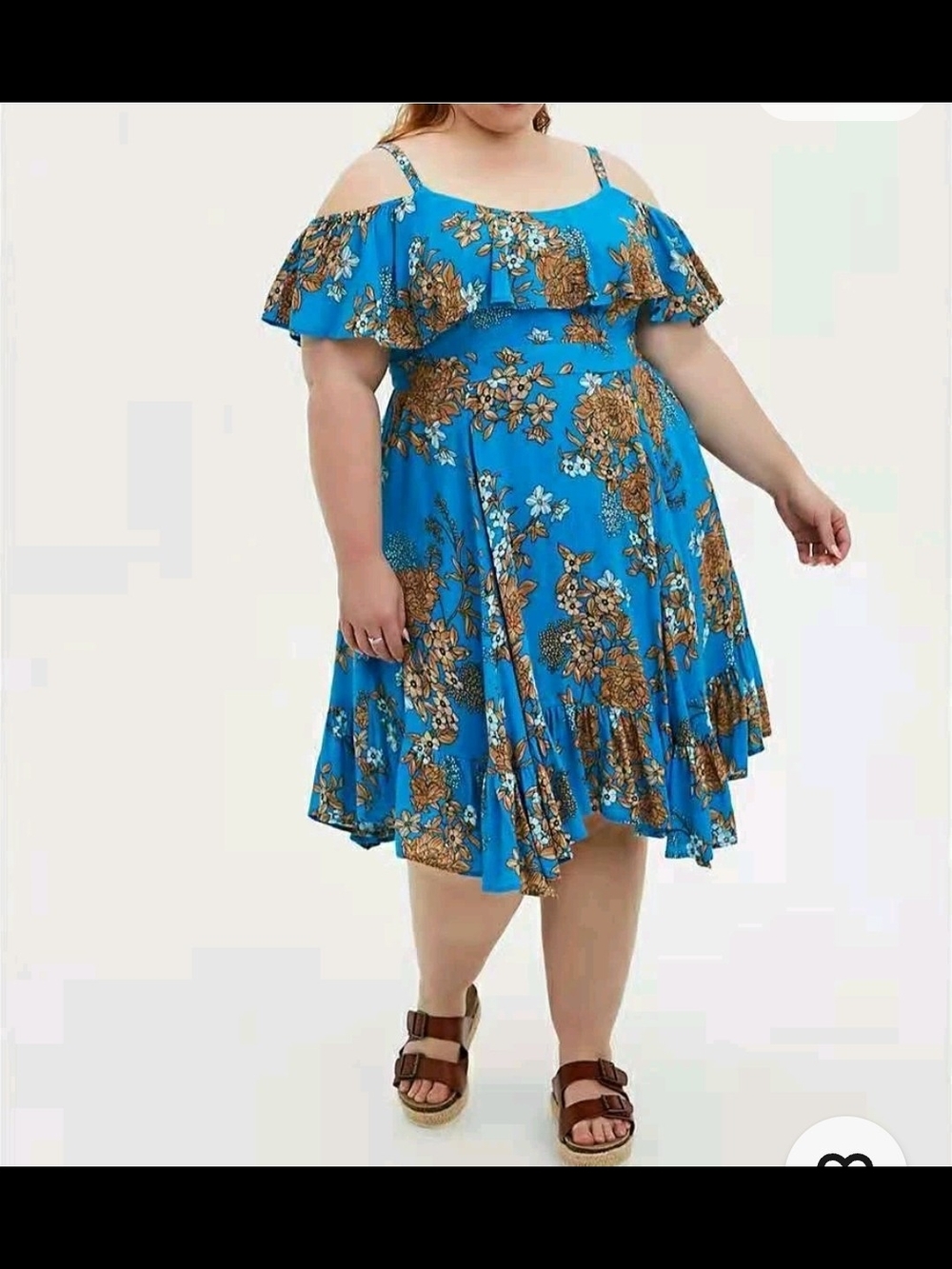 torrid Floral One-Shoulder Ruffle Dress in Bright Blue with Brown Print